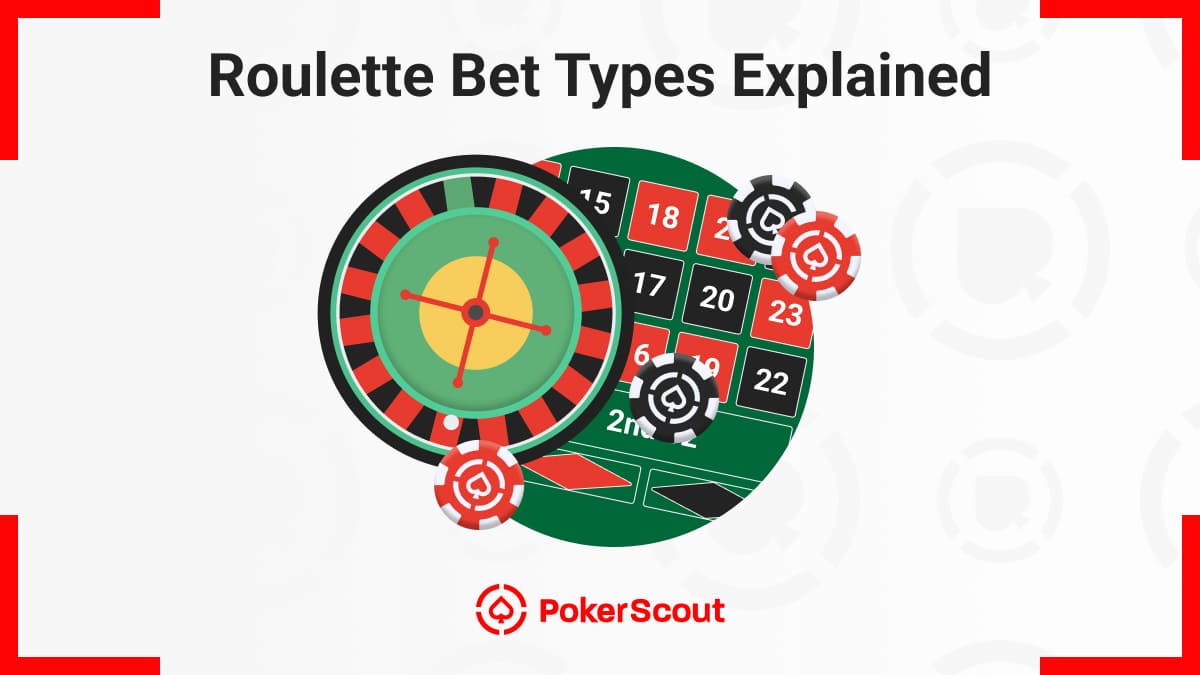 An illustrated roulette wheel and betting layout, with the title "Roulette Bet Types Explained", showcasing various chips.