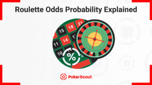 Roulette table with numbers, a percentage symbol, and a roulette wheel, with the title "Roulette Odds Probability Explained"