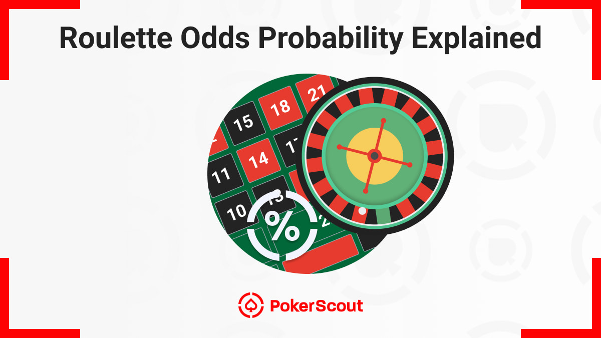 Roulette table with numbers, a percentage symbol, and a roulette wheel, with the title "Roulette Odds Probability Explained"
