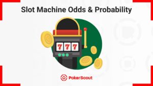 A colorful illustration of a slot machine showing "777" with coins, representing slot machine odds and probability.
