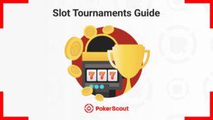 Illustration of a slot machine with three sevens, coins, and a trophy, labeled "Slot Tournaments Guide".