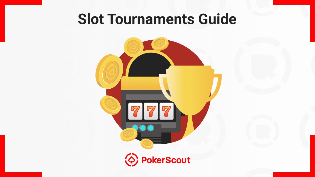 Illustration of a slot machine with three sevens, coins, and a trophy, labeled "Slot Tournaments Guide".