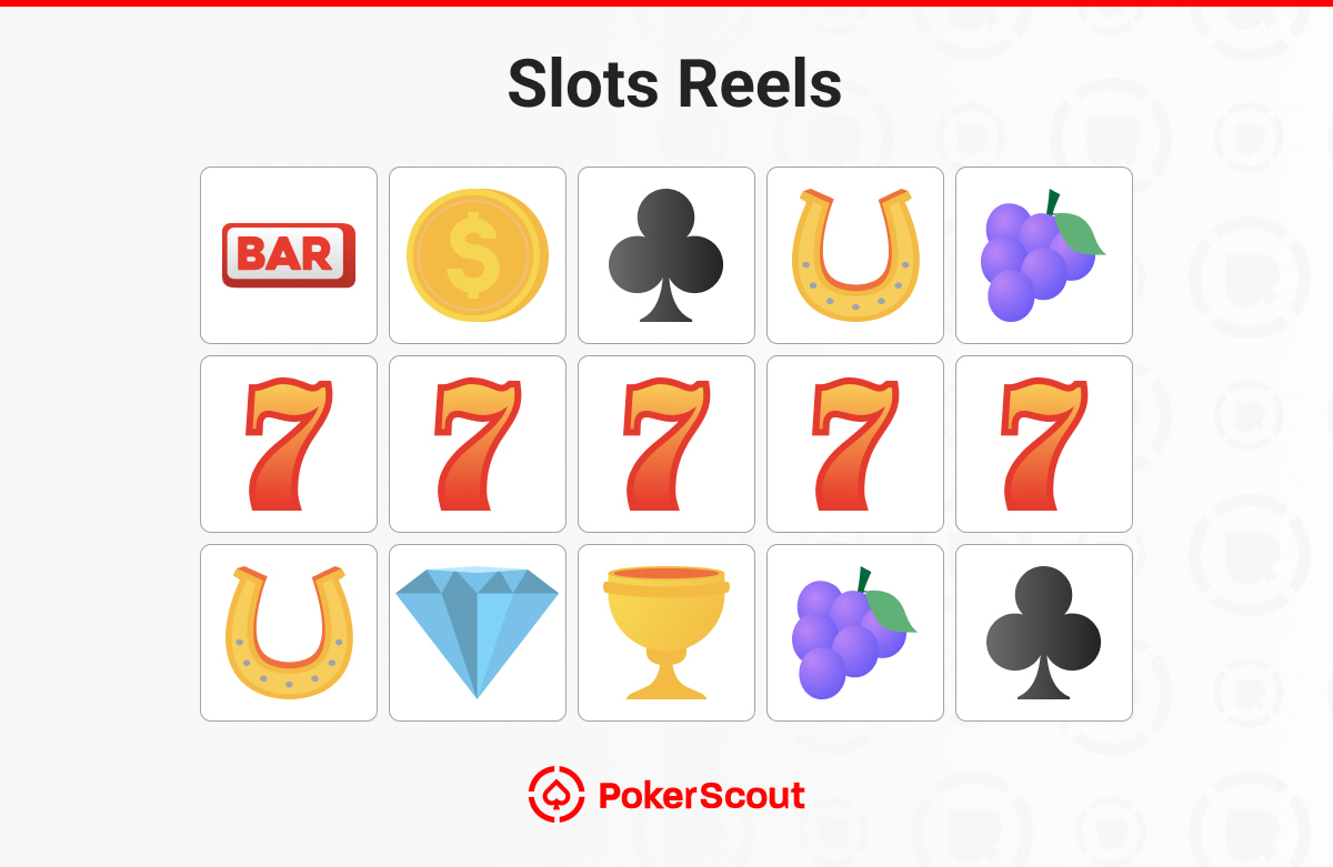 Slot machine reels showing various symbols like sevens, horseshoes, BAR, diamonds, and grapes