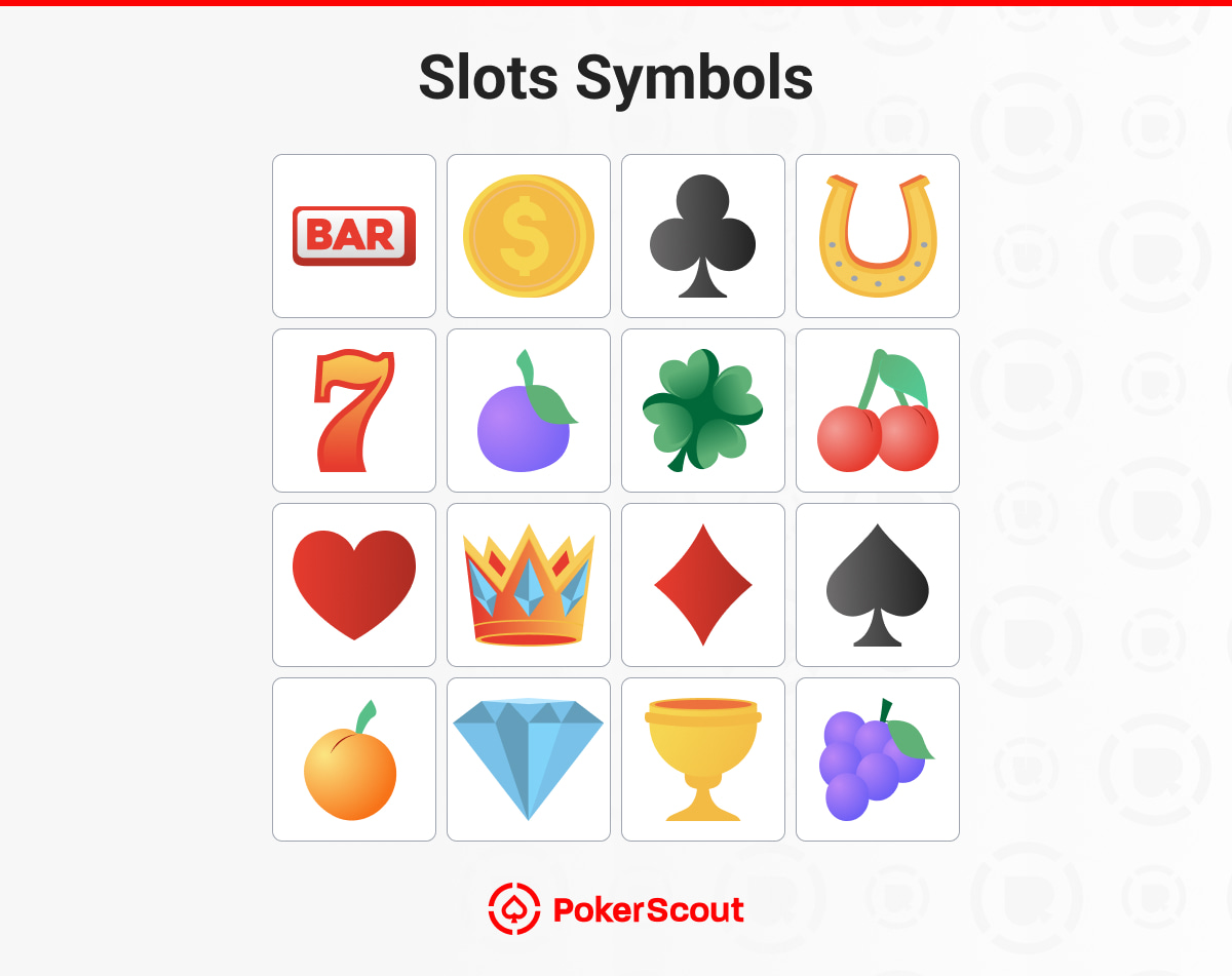Slot machine symbols including BAR, coin, suits, fruits, lucky 7, crown, diamond, and more, arranged in a grid