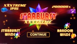 Bright, colorful game interface for "Starburst XXXtreme," featuring features like XXXtreme Spins and Random Wilds, showcasing potential bonuses.