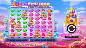 A colorful slot machine game screen titled "Sugar Rush 1000" features candy symbols, a rocket ship, and a vibrant candy land background. Playful and energetic tone.