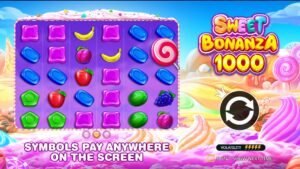 Colorful game screen for "Sweet Bonanza 1000," featuring candy symbols, with text promoting symbol payouts on a vibrant dessert-themed background.