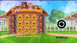 Colorful casino game screen with cartoon dogs and text "The Dog House Multihold." Bright and playful tone, promise of 9,000x bet reward.