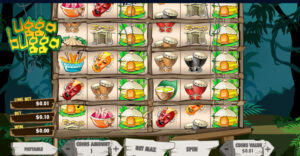 Slot machine game interface with jungle theme. Features include tribal masks, drums, huts, and jungle plants. Bet controls and logo on the left.