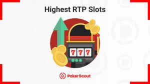 Icon of a slot machine displaying "777," surrounded by coins and an upward arrow, labeled "Highest RTP Slots"