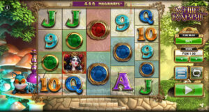 Slot game screen for "White Rabbit," featuring colorful jewels, numbers, and a character portrait. A whimsical forest setting surrounds the game interface.