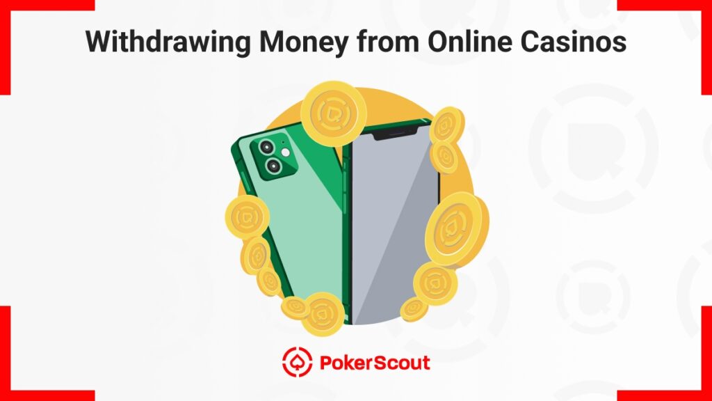 Illustration of two smartphones surrounded by gold coins, symbolizing the process of withdrawing money from online casinos.
