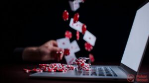 Online poker laptop with chips falling down