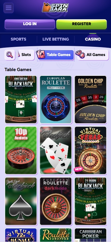 Spinbara table games