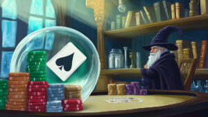 Fantasy art of a wizard in his magical lab, studying poker with his crystal ball