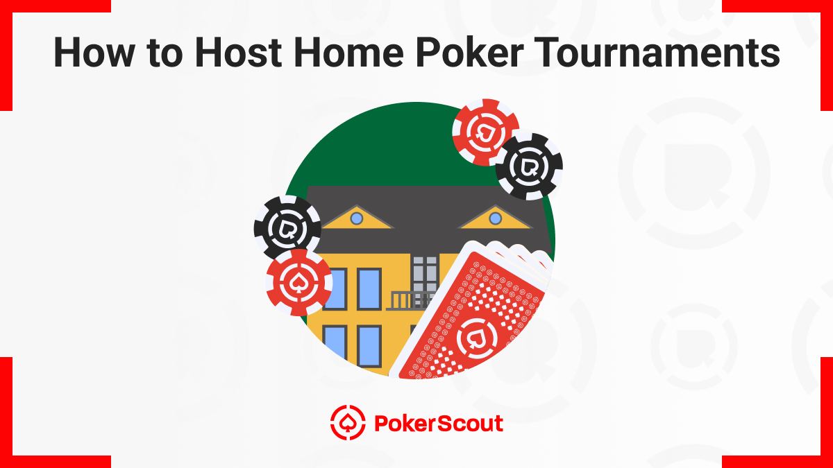 Illustration of a house with poker chips and cards, symbolizing home poker tournaments. The text "How to Host Home Poker Tournaments" suggests a guide.