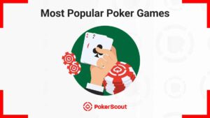 A hand holding an Ace and Queen of spades above poker chips, with text "Most Popular Poker Games"
