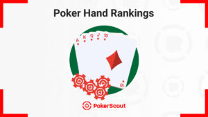 Royal flush in diamonds with poker chips and the text "Poker Hand Rankings"