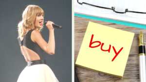 Diptych featuring Taylor Swift on her RED tour next to a post-it note labeled BUY.