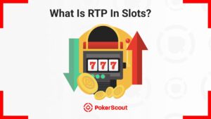 Graphic explaining RTP (Return to Player) in slots, featuring a slot machine and arrows representing payout percentages.
