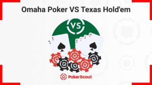 Graphic comparing Omaha Poker and Texas Hold'em, featuring playing cards and poker chips with a "VS" symbol.
