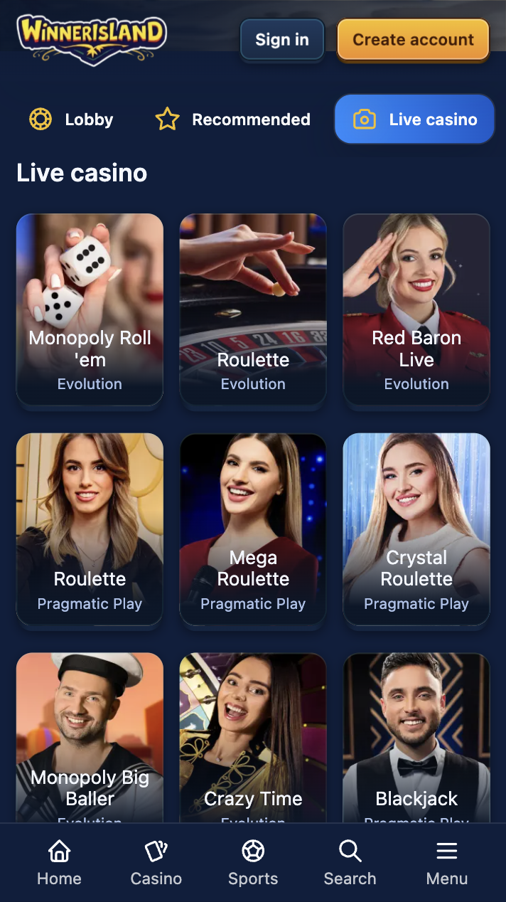 winnerisland live dealer games