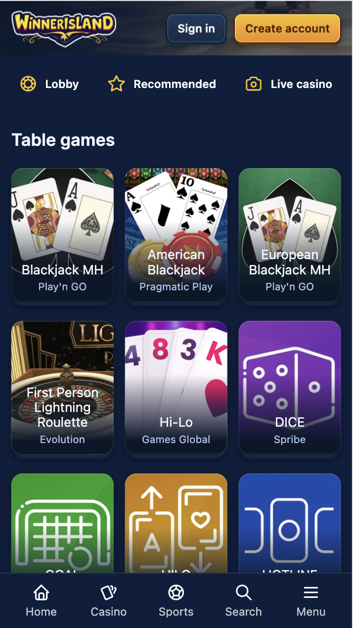 winnerisland rng table games