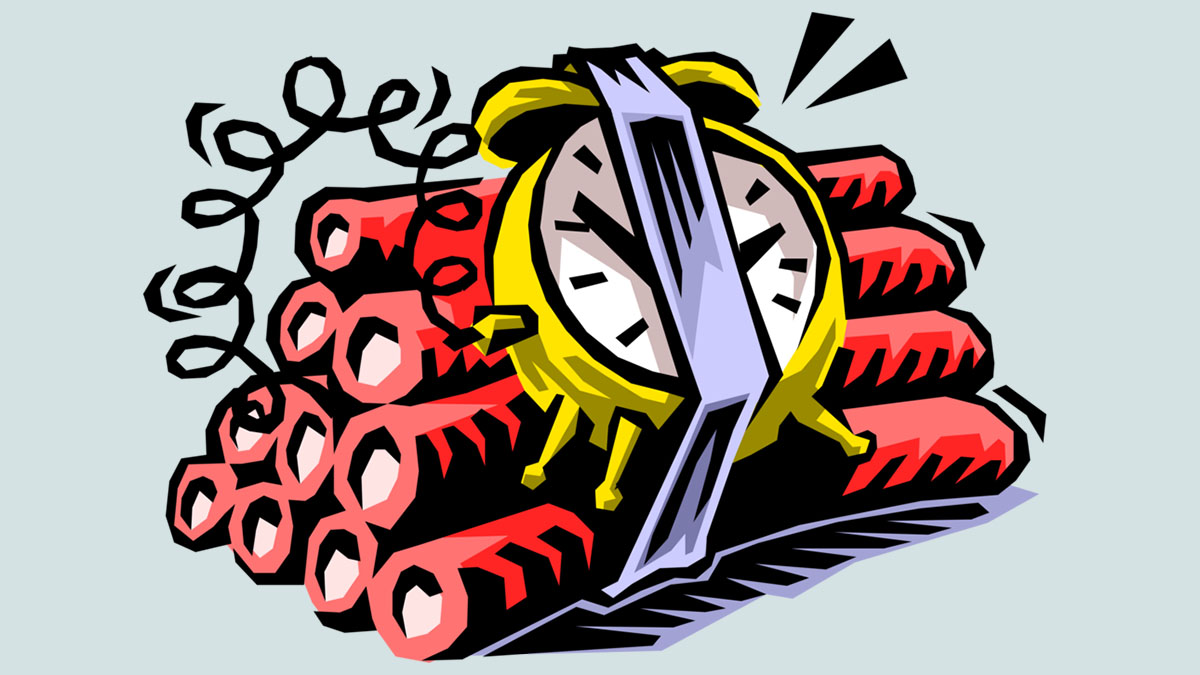 Cartoon bomb consisting of a bundle of dynamite with attached alarm clock