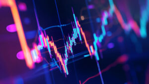 Candle chart-like digital graphic featuring futuristic neon colors