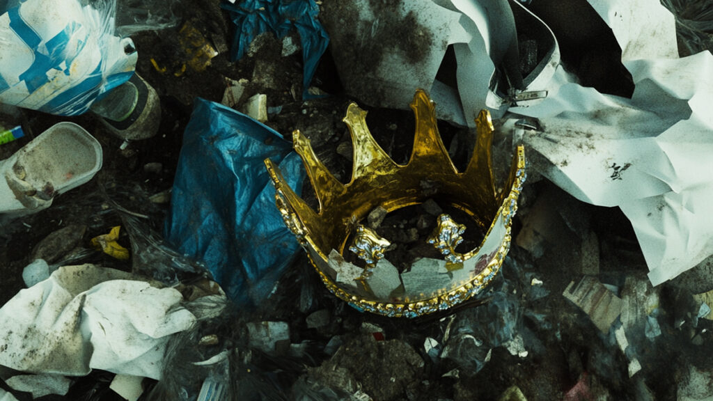 A gold crown lying in a heap of garbage.