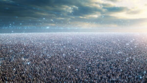 Concept art of millions of people gathered below a computer network in the sky.