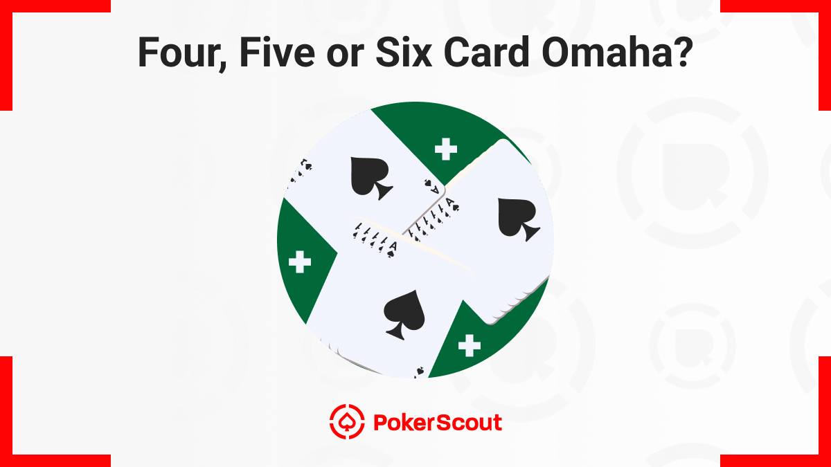 A graphic featuring playing cards and the question, "Four, Five or Six Card Omaha?" from PokerScout, set against a colorful background.