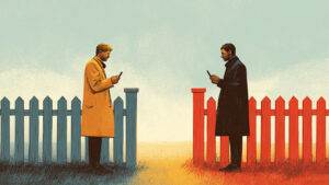 Two men stand on opposite sides of a border marked by picket fences, holding mobile phones.