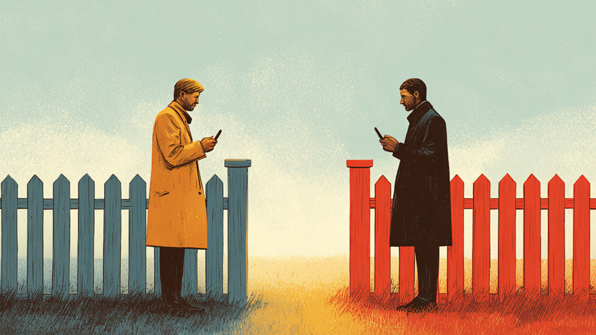 Two men stand on opposite sides of a border marked by picket fences, holding mobile phones.