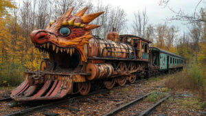 A rusty, derelict train with a sculpted dragon head at the front of the engine.