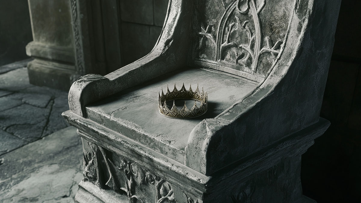 A silver crown sits on the seat of a vacant stone throne.