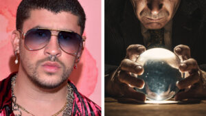 Puerto Rican performer Bad Bunny next to an image of a man peering into a crystal ball, representing the idea of insider trading.