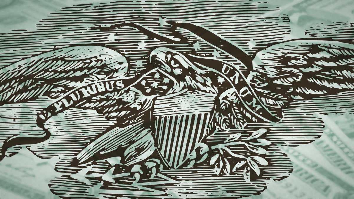 A woodcut of an American eagle bearing a banner reading "E Pluribus Unum," overlaid on a blurred image of US currency.