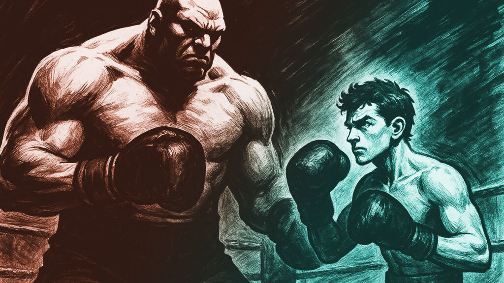 A graphic-novel style illustration with a tiny, brave underdog facing off against a much larger boxer.