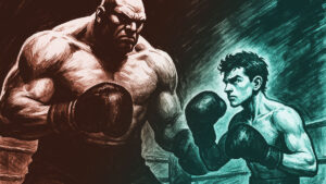 A graphic-novel style illustration with a tiny, brave underdog facing off against a much larger boxer.