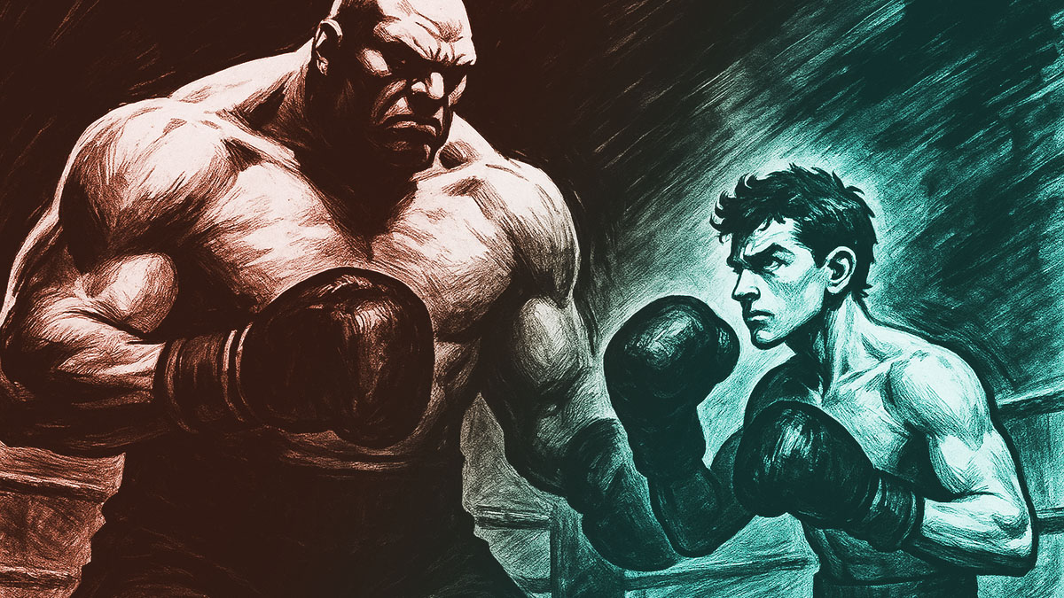 A graphic-novel style illustration with a tiny, brave underdog facing off against a much larger boxer.