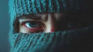 Mysterious man in a blue-green balaclava.