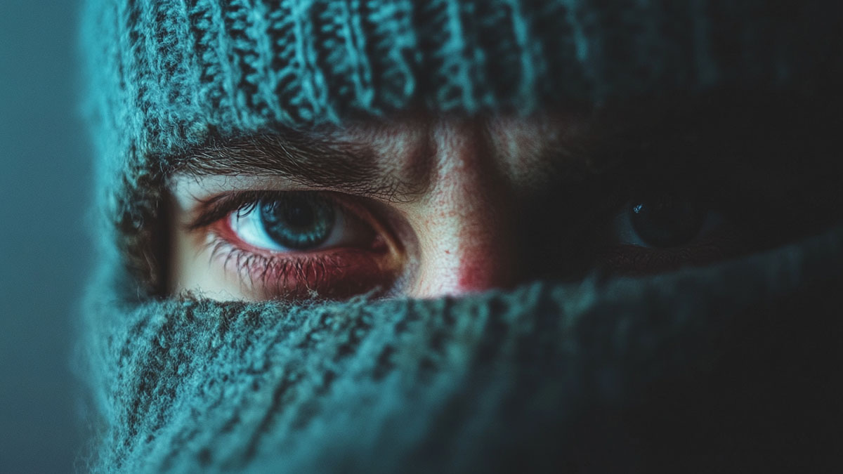 Mysterious man in a blue-green balaclava.