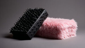 A hard, black, spiky book leaning against a soft, pink, fluffy one.
