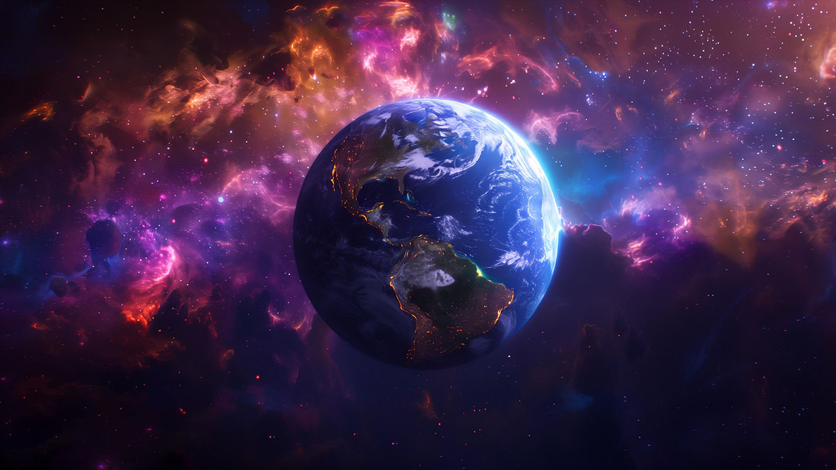 Rendered image of planet Earth floating in a glowing pink and purple nebula.