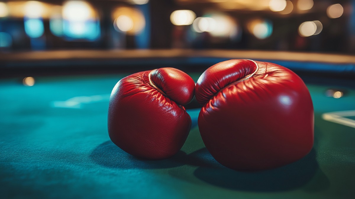 Boxing gloves on a poker table
