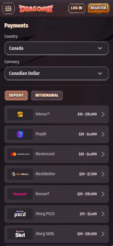 dragonia casino payment methods