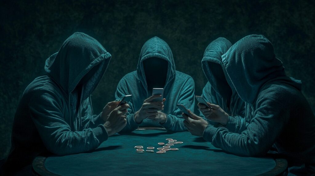 Hooded poker players exchanging text messages