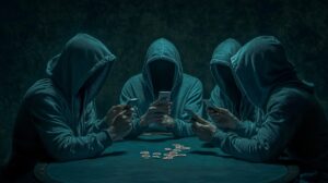 Hooded poker players exchanging text messages