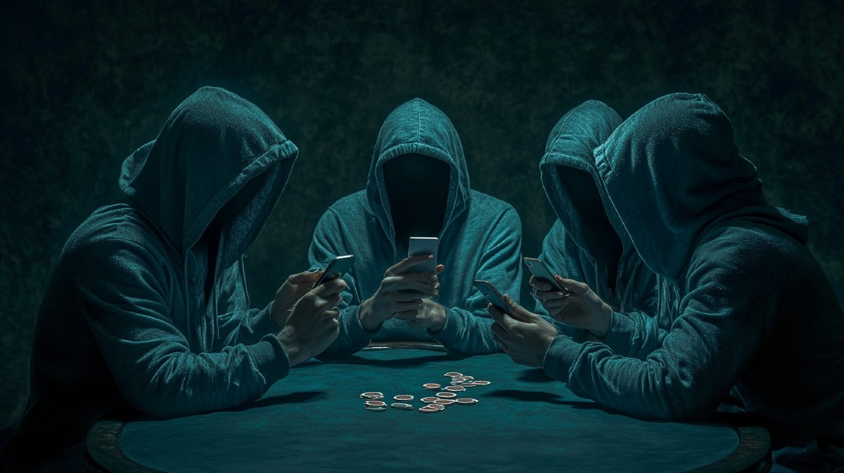 Hooded poker players exchanging text messages